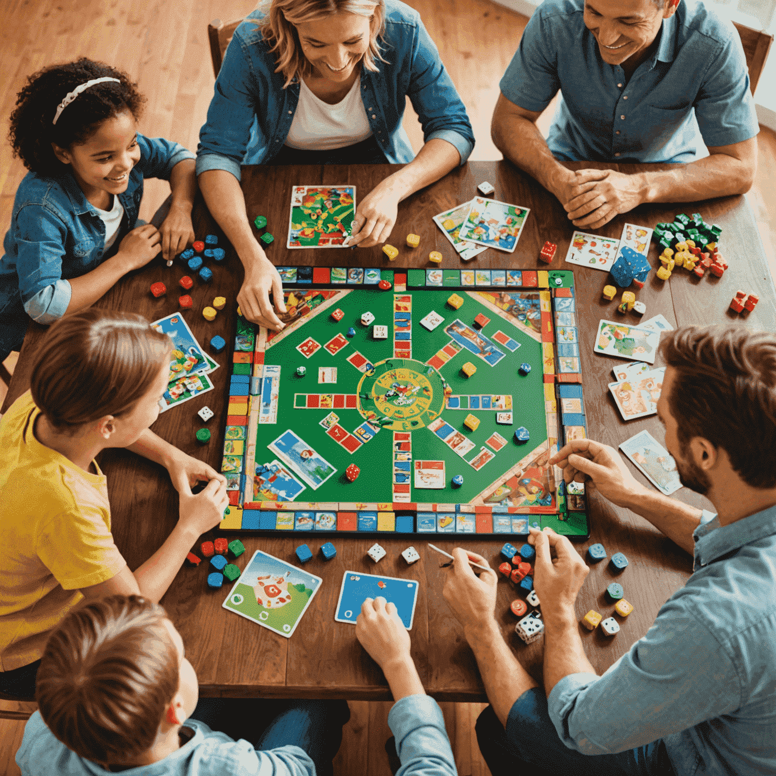 A family gathered around a table, playing board games together. The image shows various colorful game pieces and cards spread out on the table, with smiling faces of parents and children engaged in play.