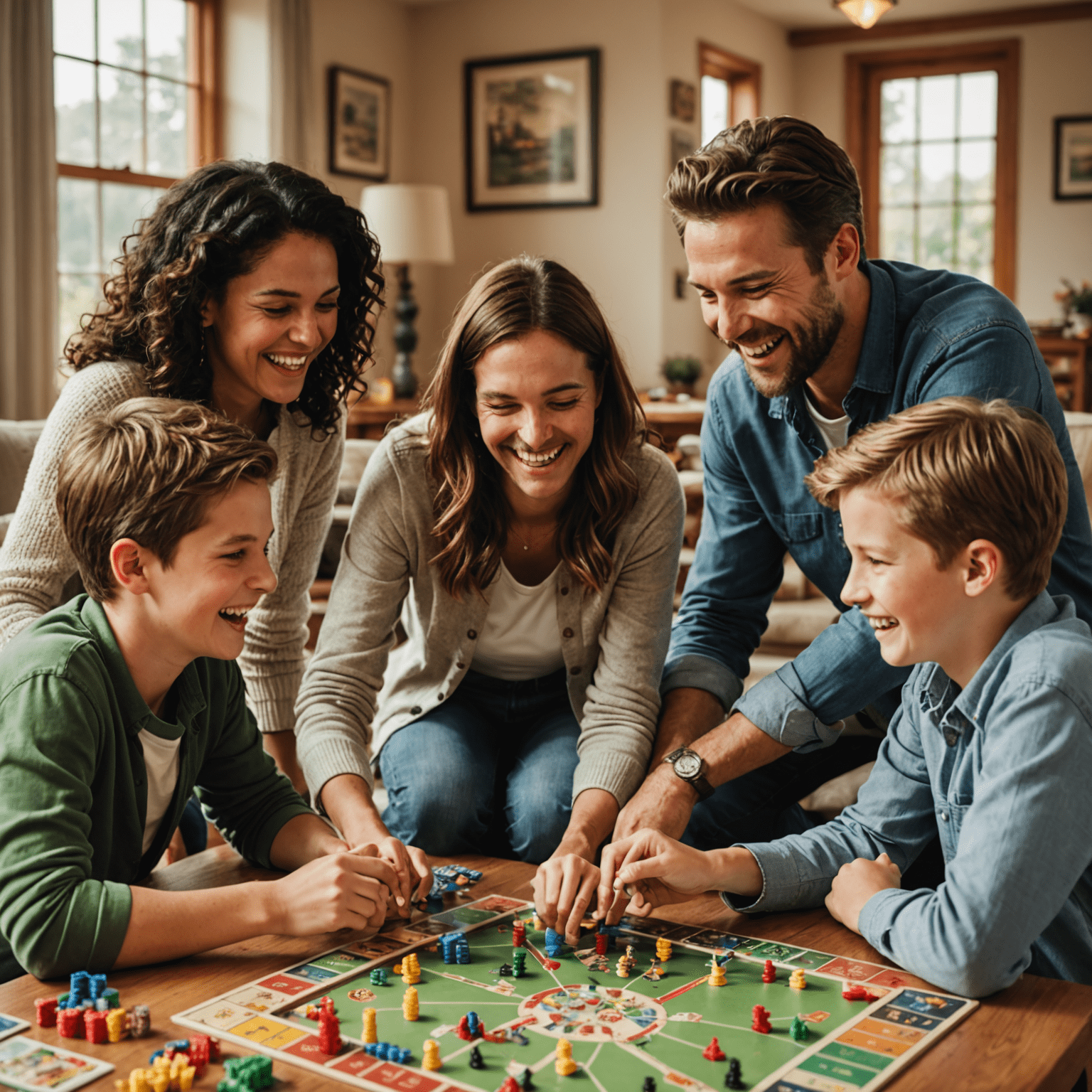 A family gathered around a table, laughing and playing board games together. The image shows a warm, inviting atmosphere with various colorful board games spread out on the table.