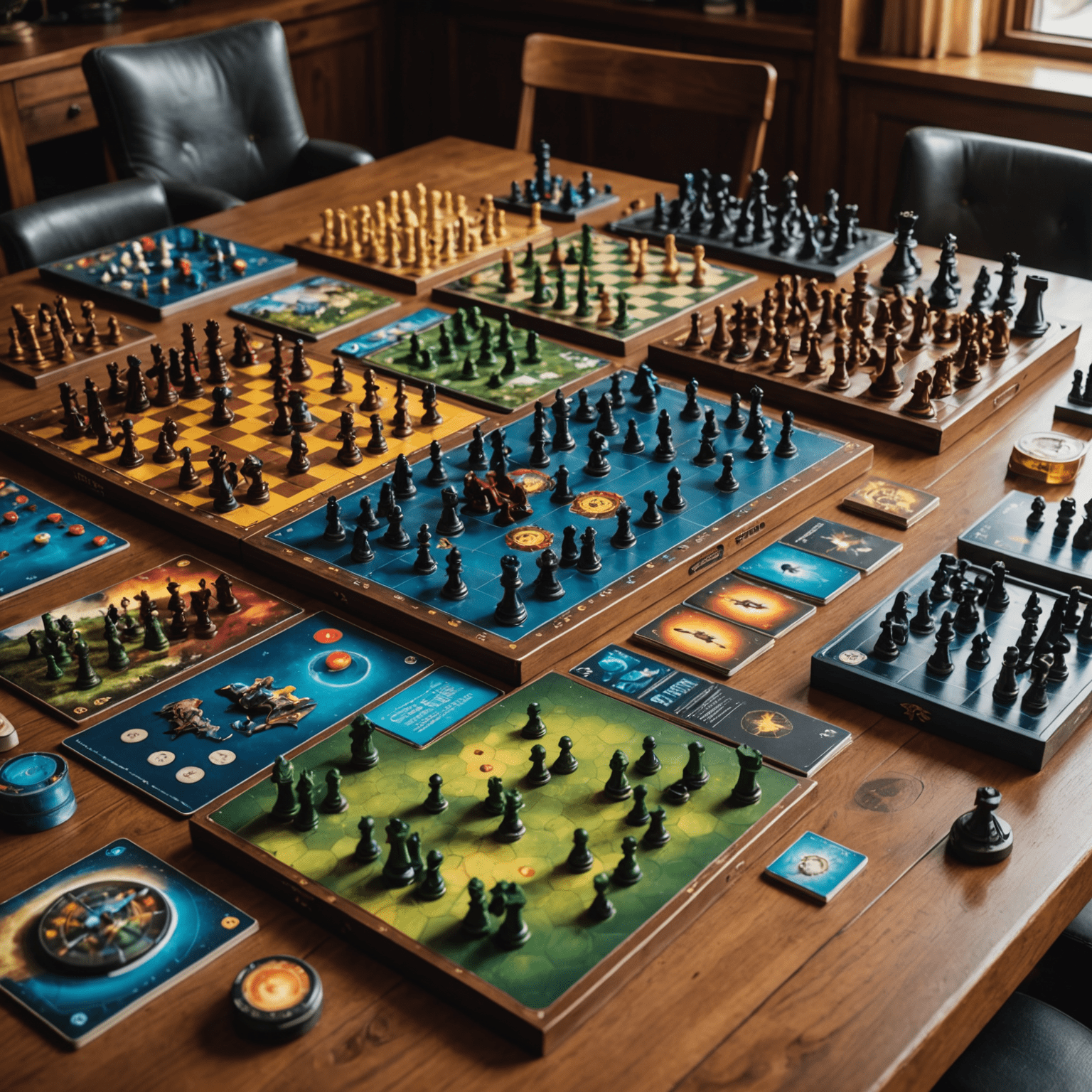 A collection of complex strategy board games laid out on a wooden table, including chess, Go, and Twilight Imperium