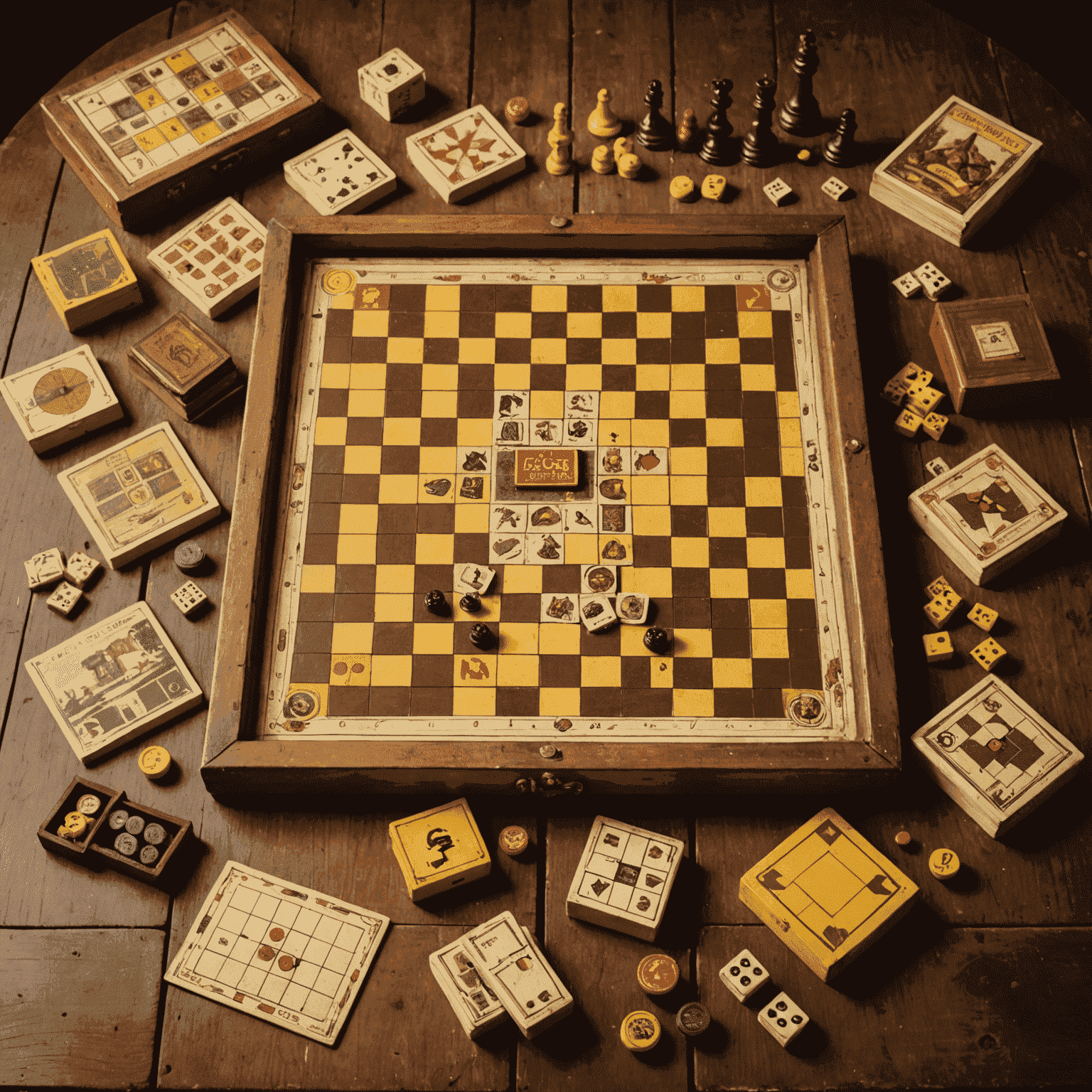 A vintage wooden table with various classic French board games laid out, including Jeu de l'Oie, Petits Chevaux, and Nain Jaune. The image has a warm sepia tone.