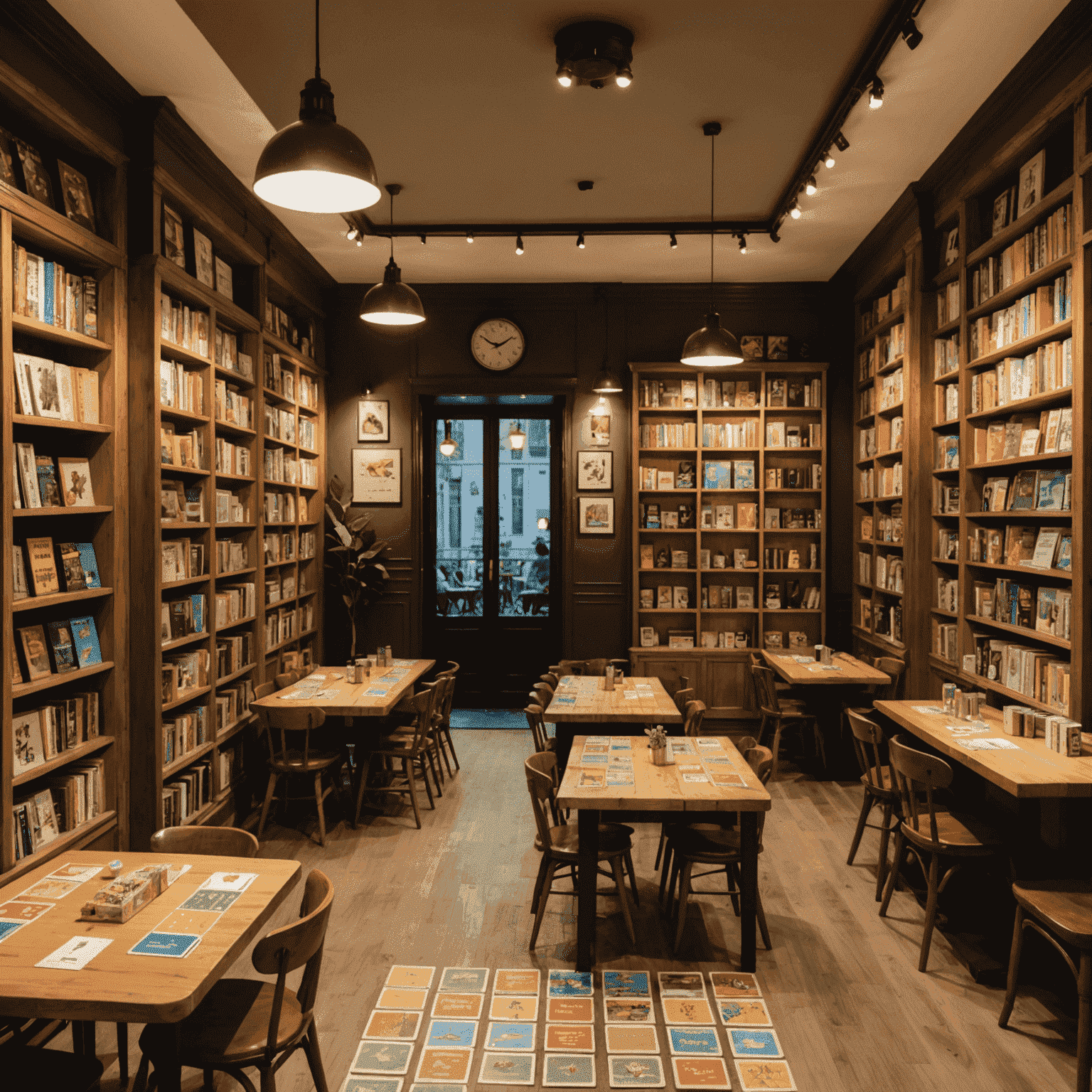 A cozy board game café in Paris, with wooden tables filled with various board games and people of all ages enjoying themselves. The café has warm lighting and bookshelves lining the walls filled with colorful game boxes.