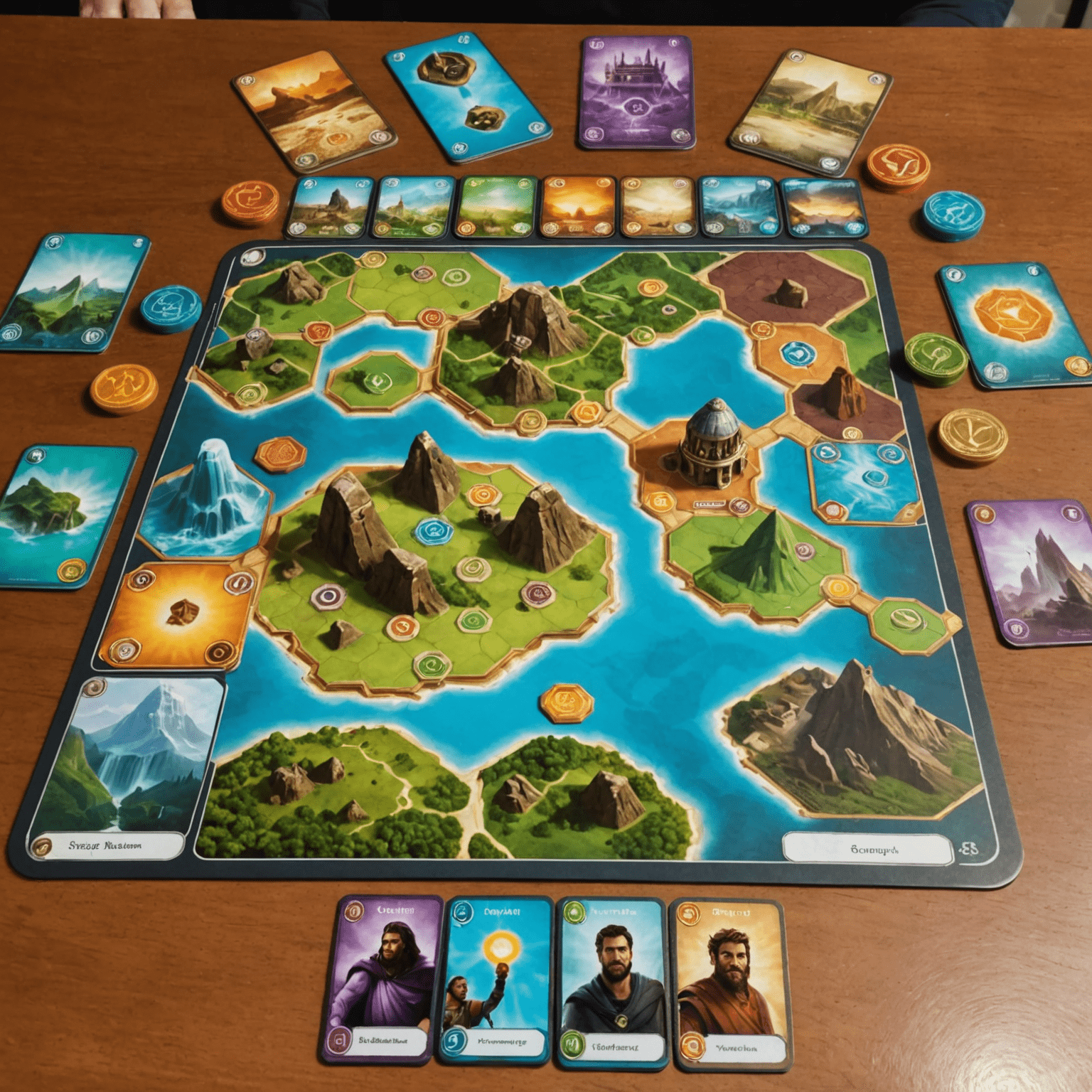 A game of 7 Wonders set up for multiple players, showing the wonder boards, card decks, and various tokens.