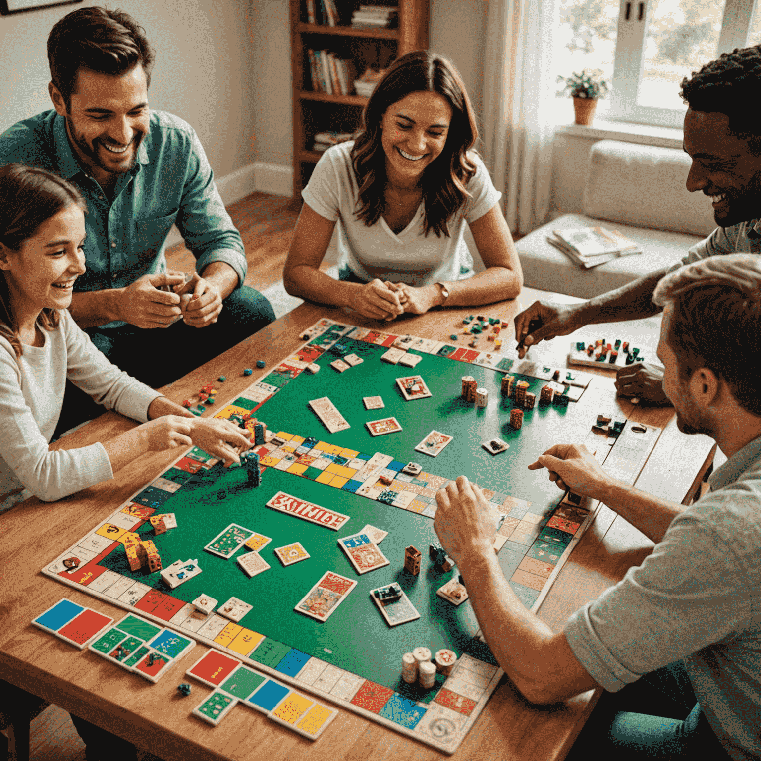 A family gathered around a table playing board games, with smiles and laughter. Various colorful board games are spread out on the table.