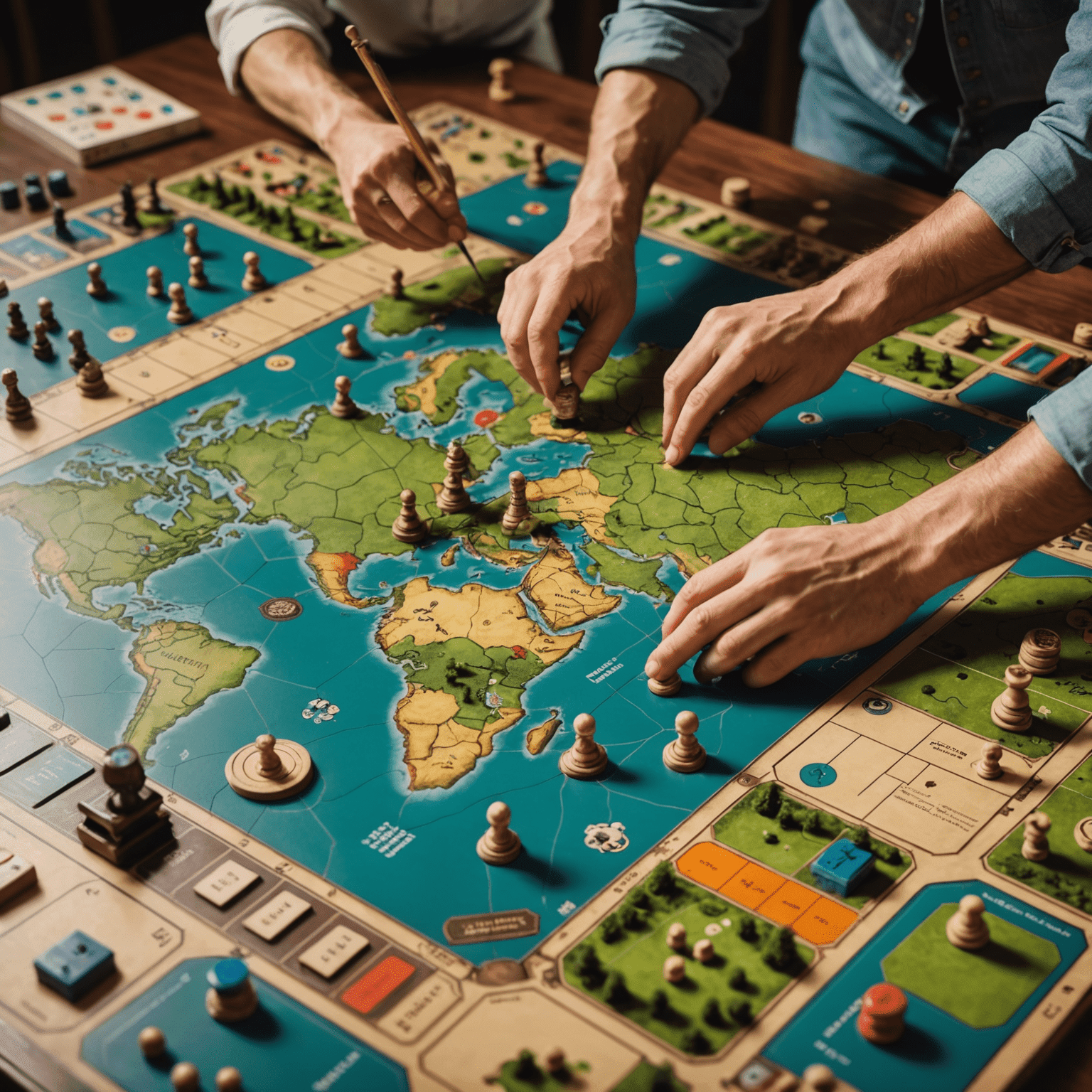 A close-up of a complex strategy board game with intricate pieces, a large game board with various territories, and players' hands moving pieces. The image conveys deep concentration and strategic thinking.