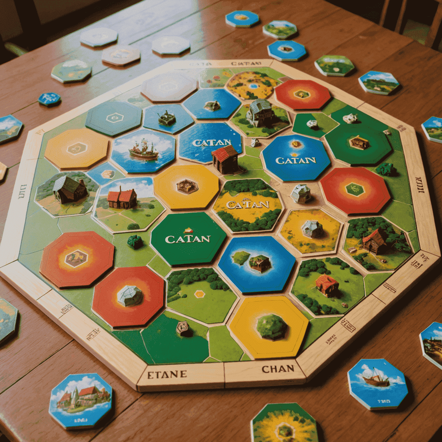 The Catan board game set up on a wooden table, showing the hexagonal tiles, settlements, and resource cards.