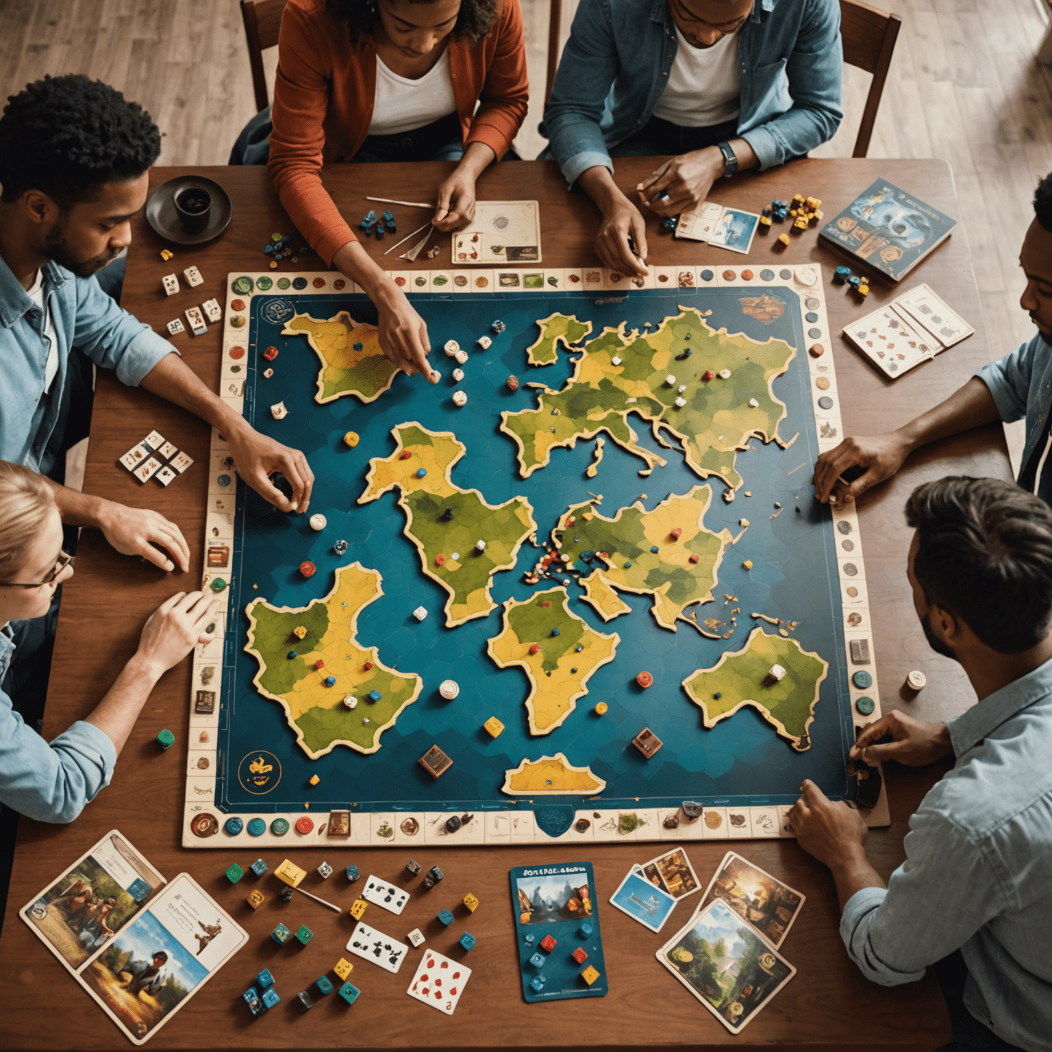 A group of diverse players deeply focused on a complex strategy board game, with game pieces and cards spread across the table