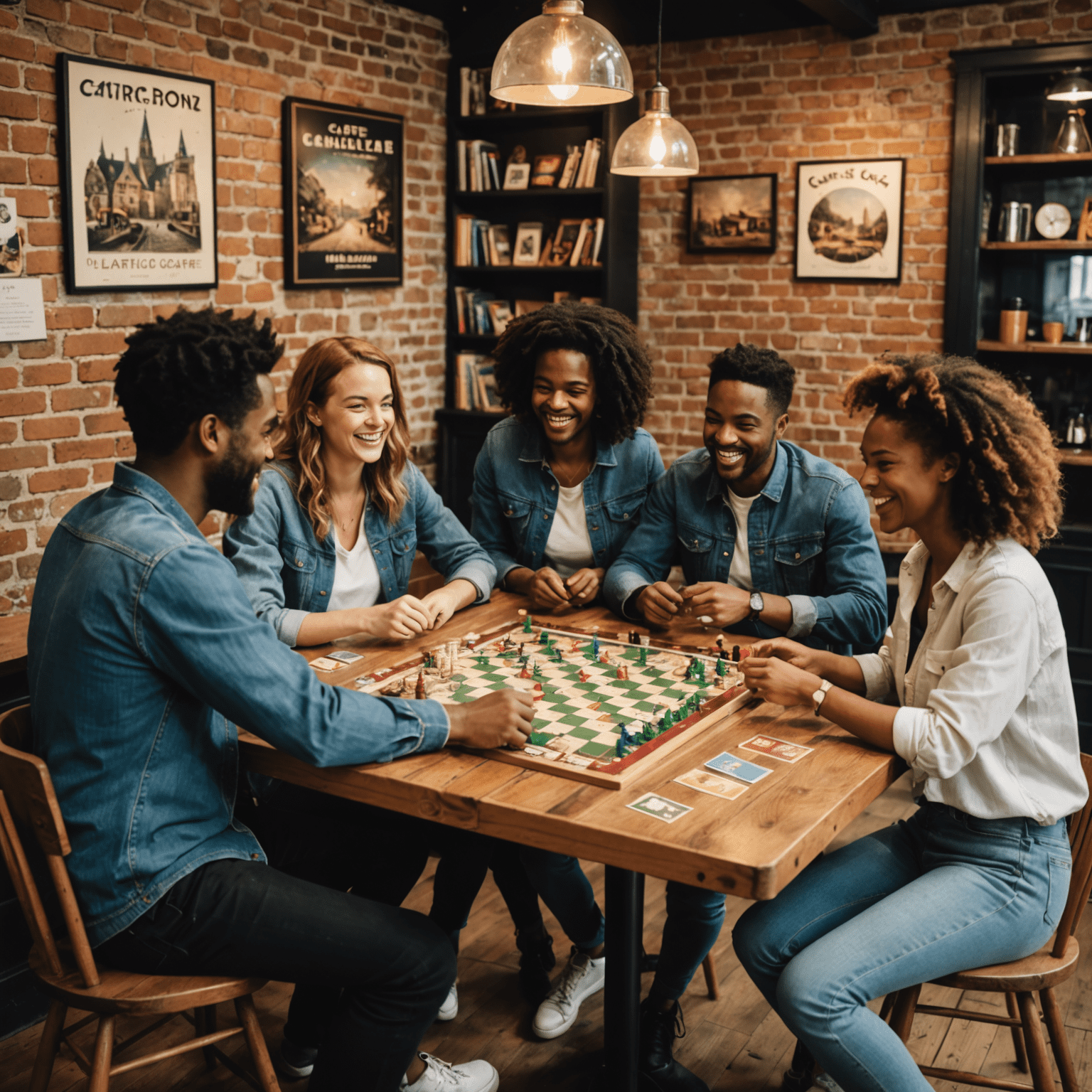 A group of diverse friends laughing and playing a strategic board game at a wooden table in a French board game café. The café has exposed brick walls and vintage posters of classic games.