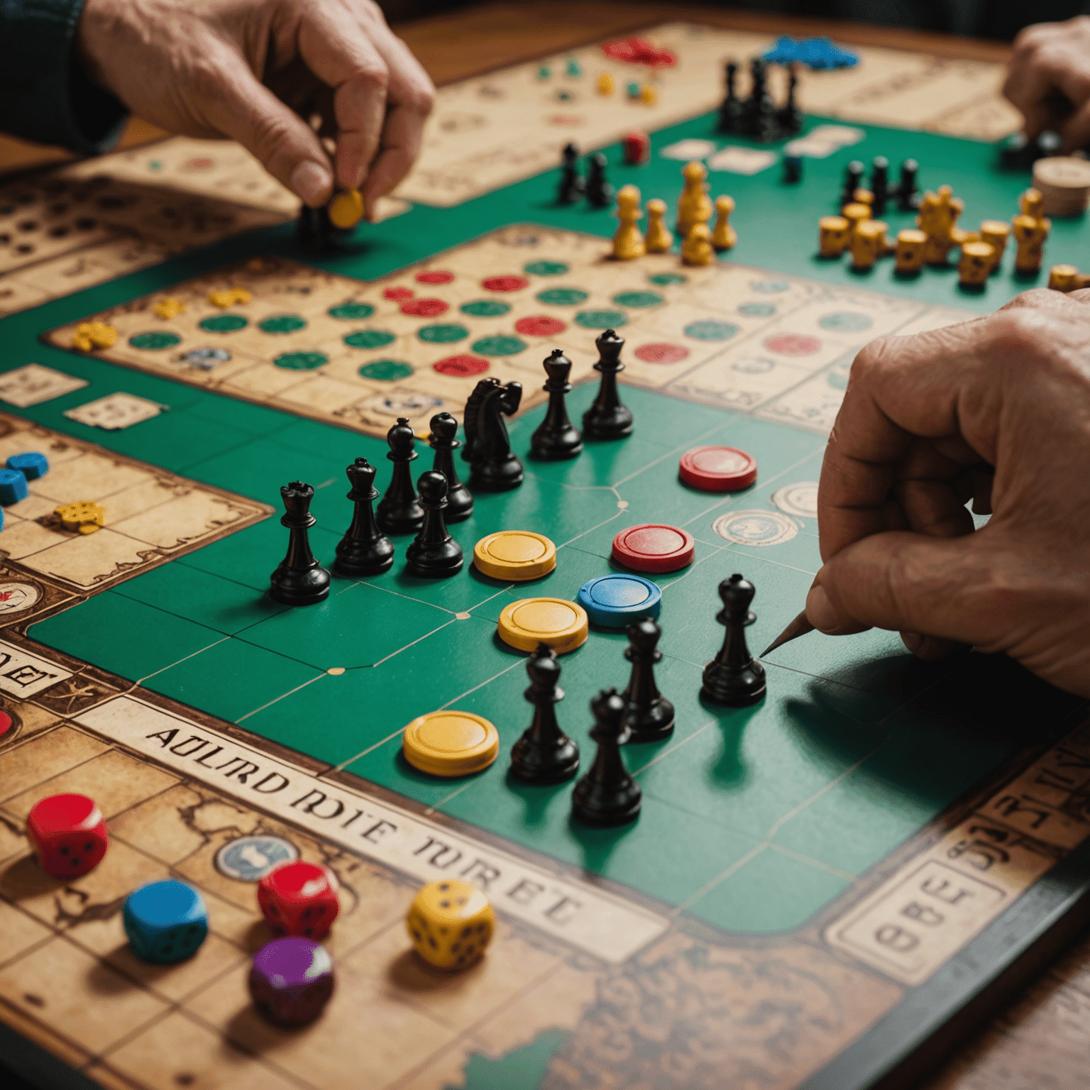 A close-up of a complex strategy board game with intricate pieces and a detailed game board. Players' hands are visible, contemplating their next move.