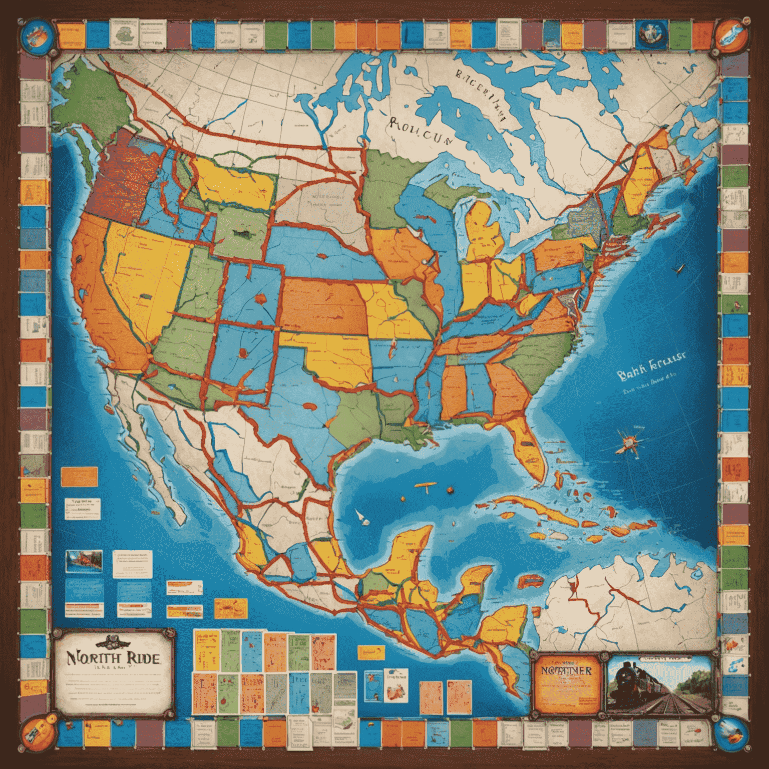 The Ticket to Ride game board featuring a map of North America with colorful train routes, surrounded by train cards and destination tickets.