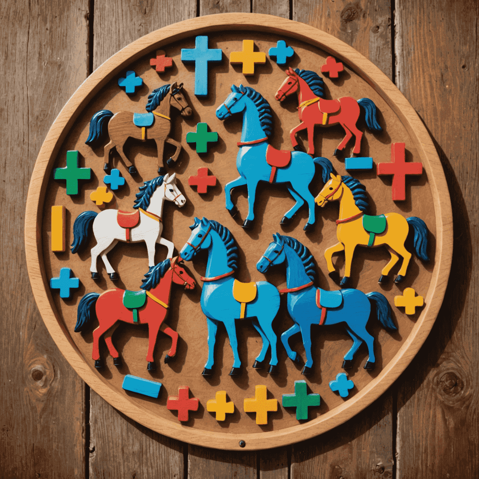 A wooden Petits Chevaux board with colorful horse-shaped pieces positioned around a cross-shaped track.