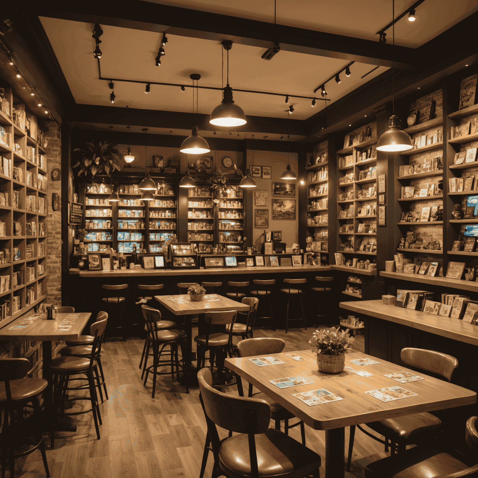 The interior of a popular French board game café, showing shelves filled with hundreds of board games, comfortable seating areas, and a bar serving coffee and snacks. The space has a warm, inviting atmosphere with soft lighting and plant decorations.