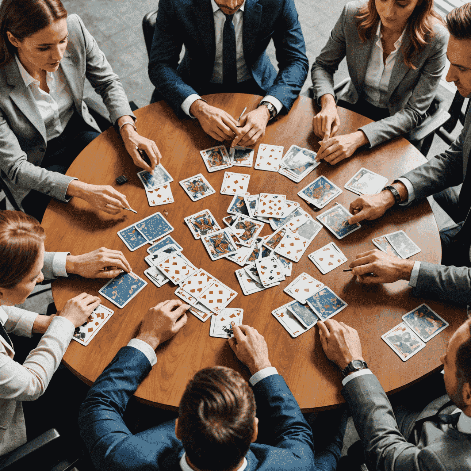 A group of professionals in business attire playing a fast-paced card game during their lunch break. The game cards and pieces are spread out on an office desk.