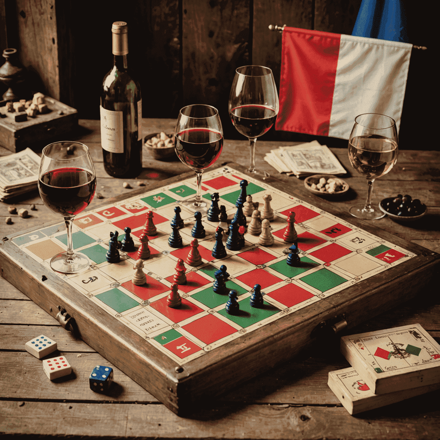 A vintage-style image of classic French board games like Jeu de l'Oie and Petits Chevaux, arranged on an antique wooden table with French flags and wine glasses to emphasize cultural context.