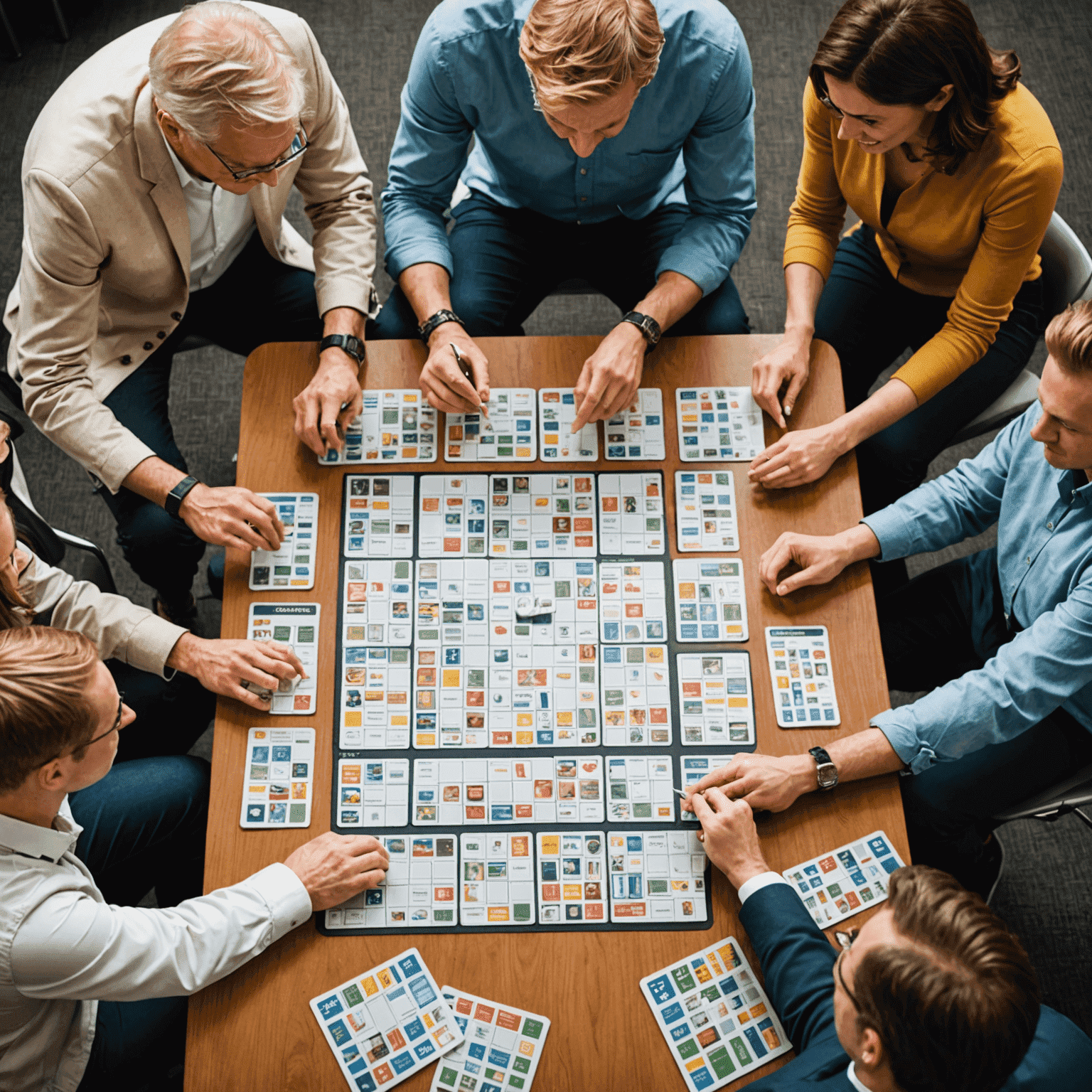 The Codenames game in play, showing a grid of word cards with two teams huddled around, discussing their next move.