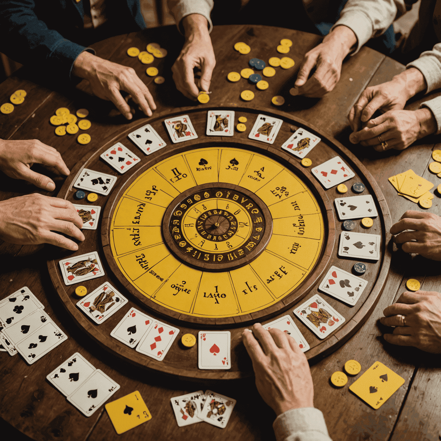 A Nain Jaune game in progress, showing a circular board with card slots and players' hands of cards spread out.