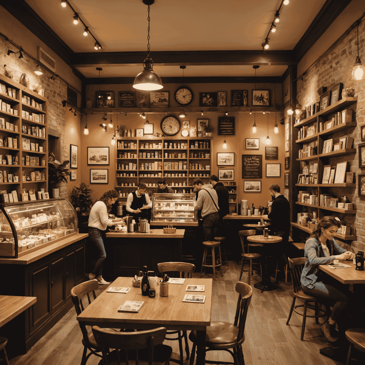 Interior of a cozy French board game café, showing shelves filled with games, tables of people playing, and a barista preparing coffee. The atmosphere is warm and inviting, with French decor elements.