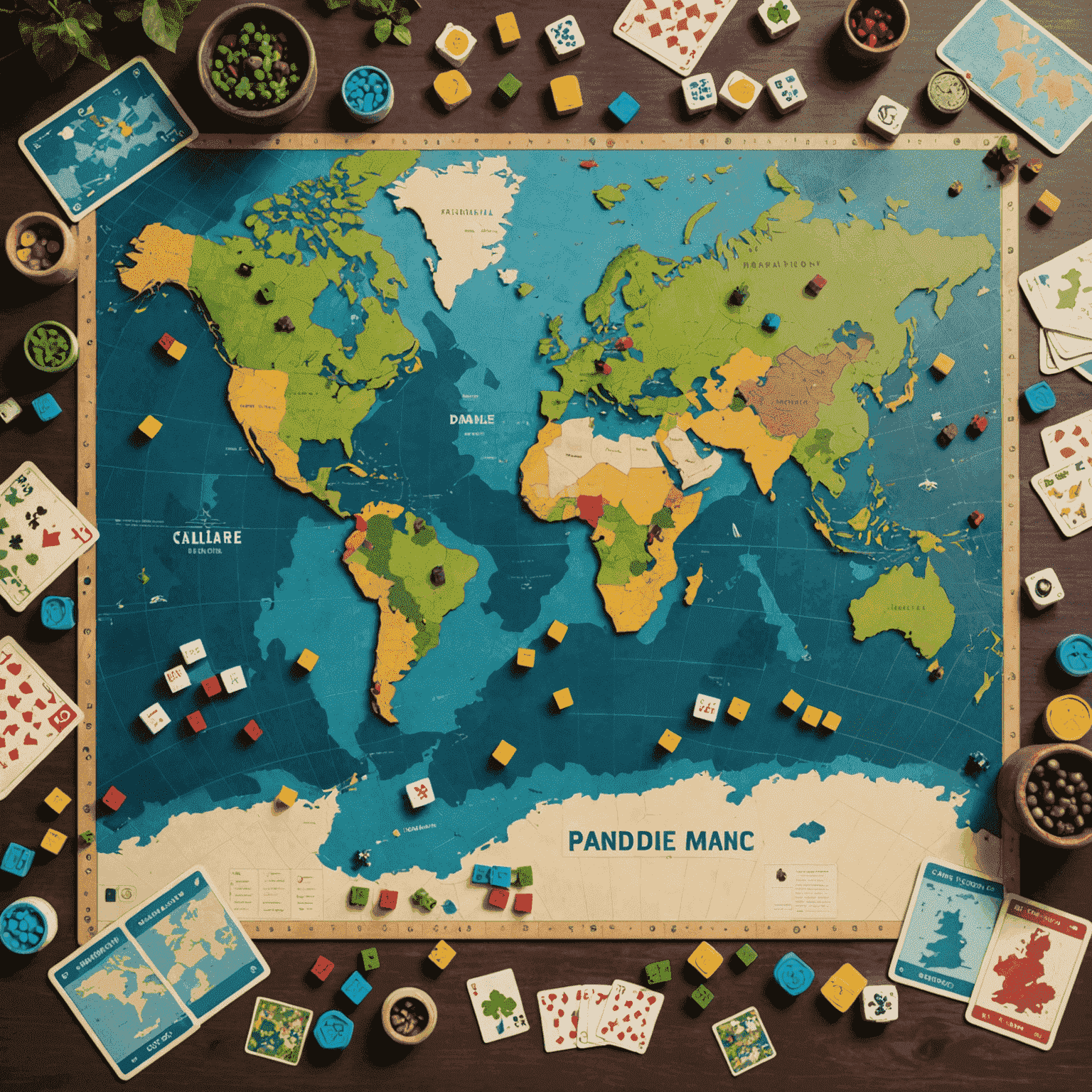 The Pandemic game board depicting a world map with disease cubes and player pawns, surrounded by cards and tokens.