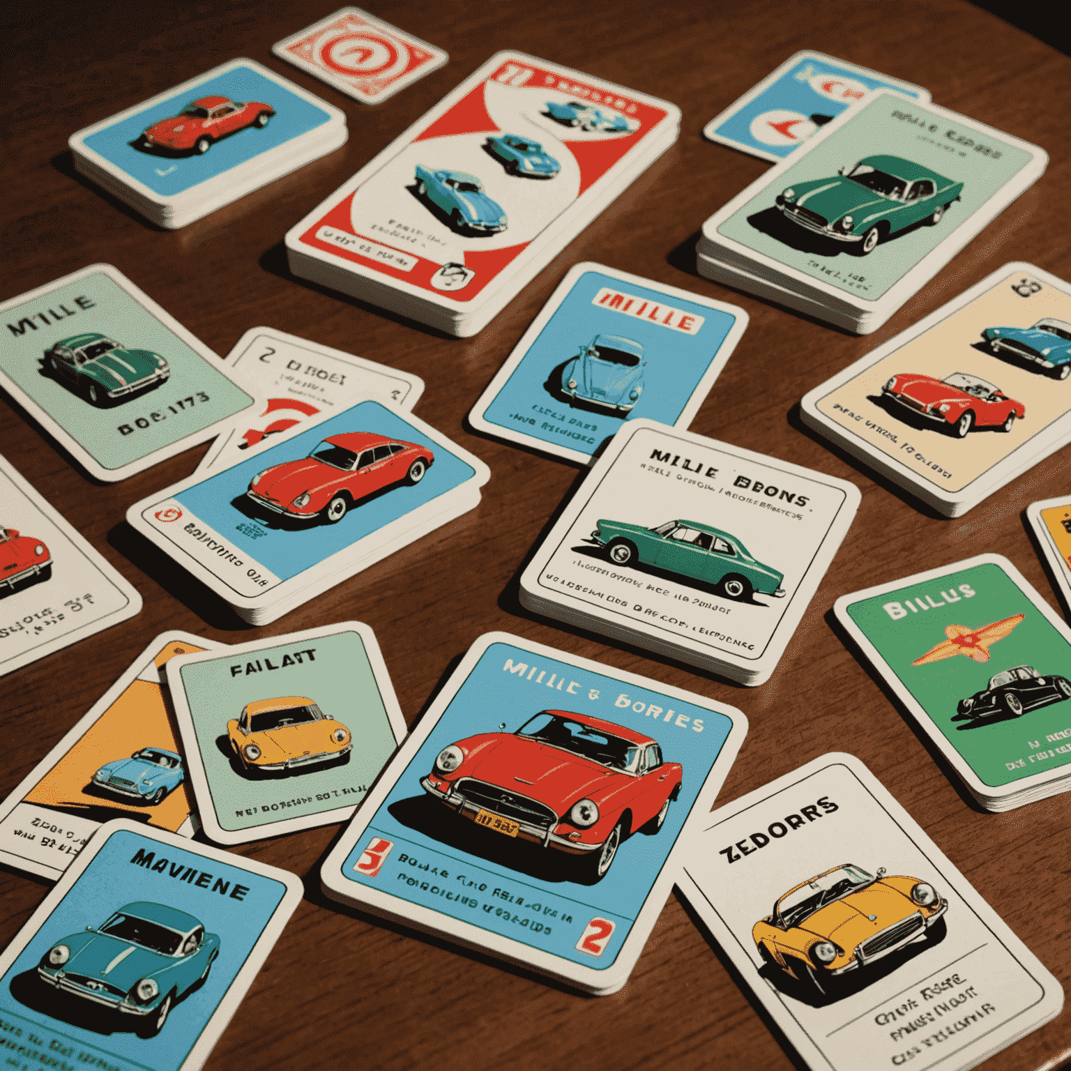 A vintage Mille Bornes card set displayed on a table, showing distance cards, hazards, and remedies with retro automobile illustrations.