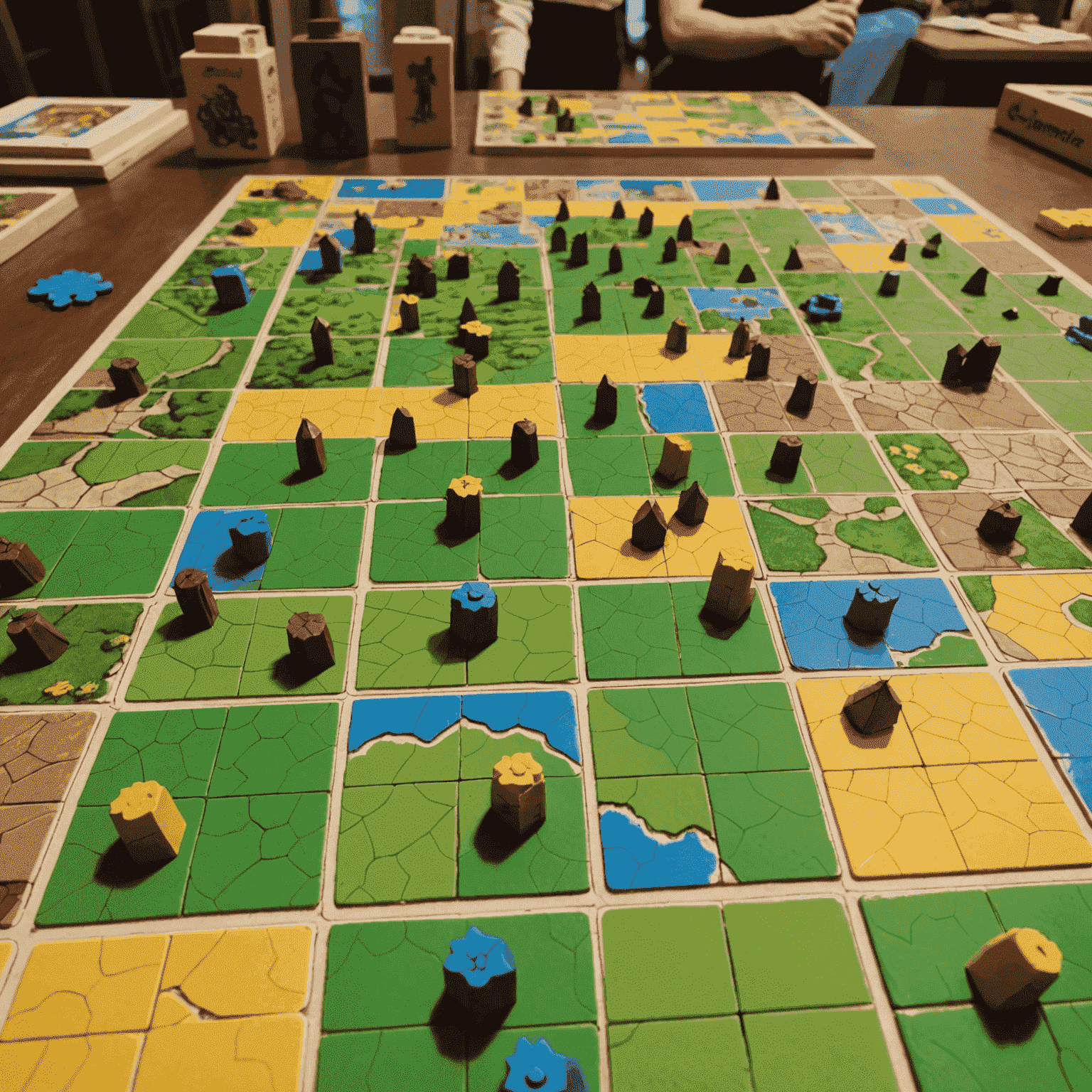 A partially completed Carcassonne game, showing the medieval landscape of tiles with meeples placed on various features.