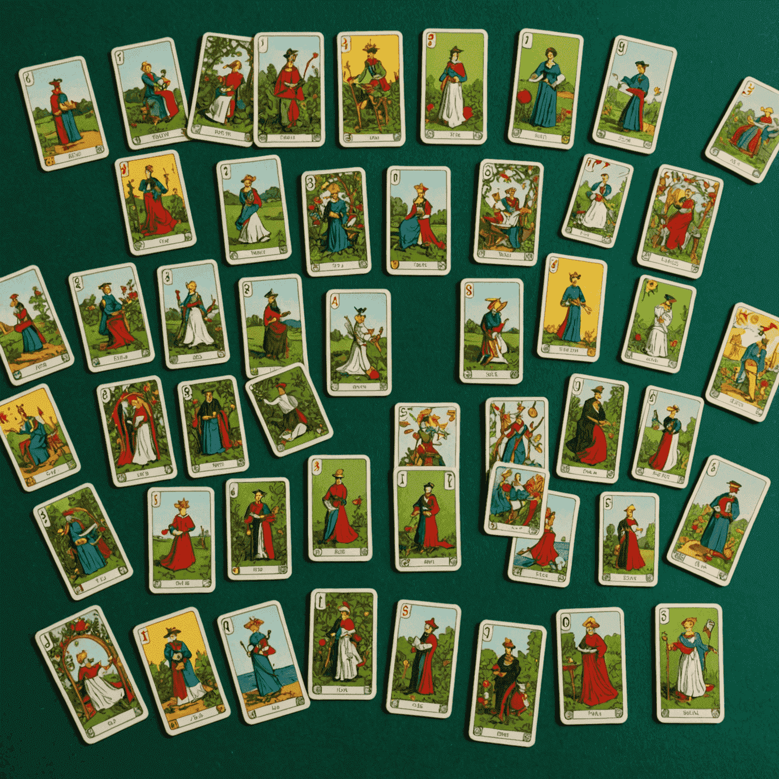 A spread of French Tarot cards on a green felt table, showcasing the unique artwork and suits of the 78-card deck.