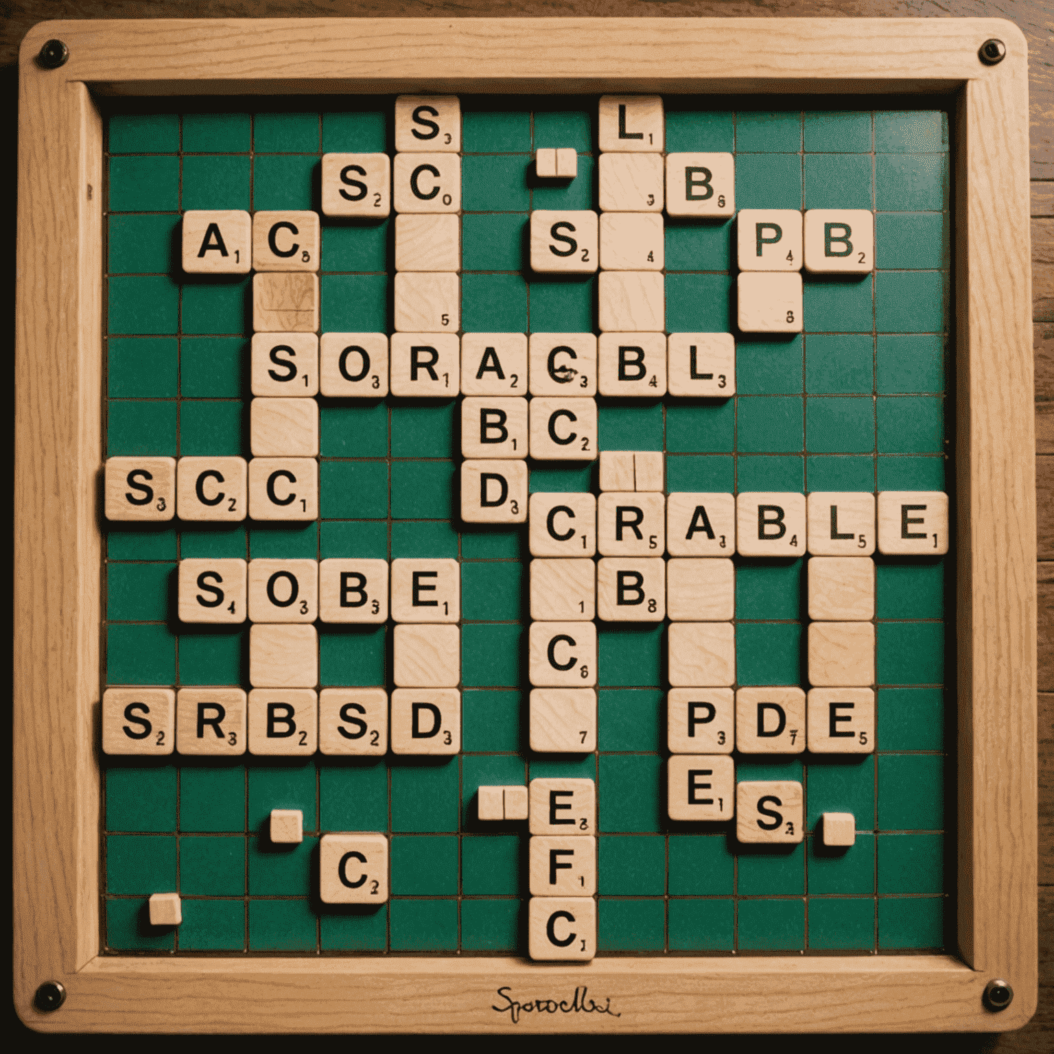 A Scrabble board mid-game, with letter tiles forming words and score pads visible.