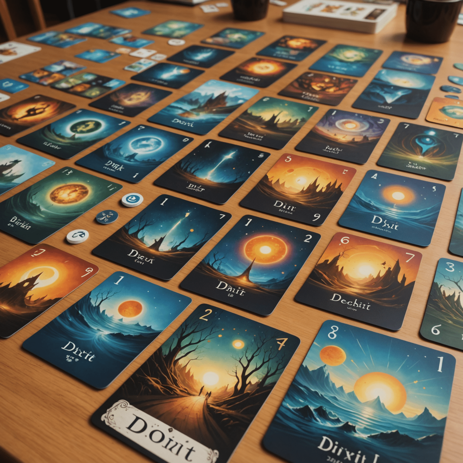 Dixit cards spread out, showcasing their dreamlike and surreal artwork, with the game board and scoring track visible.