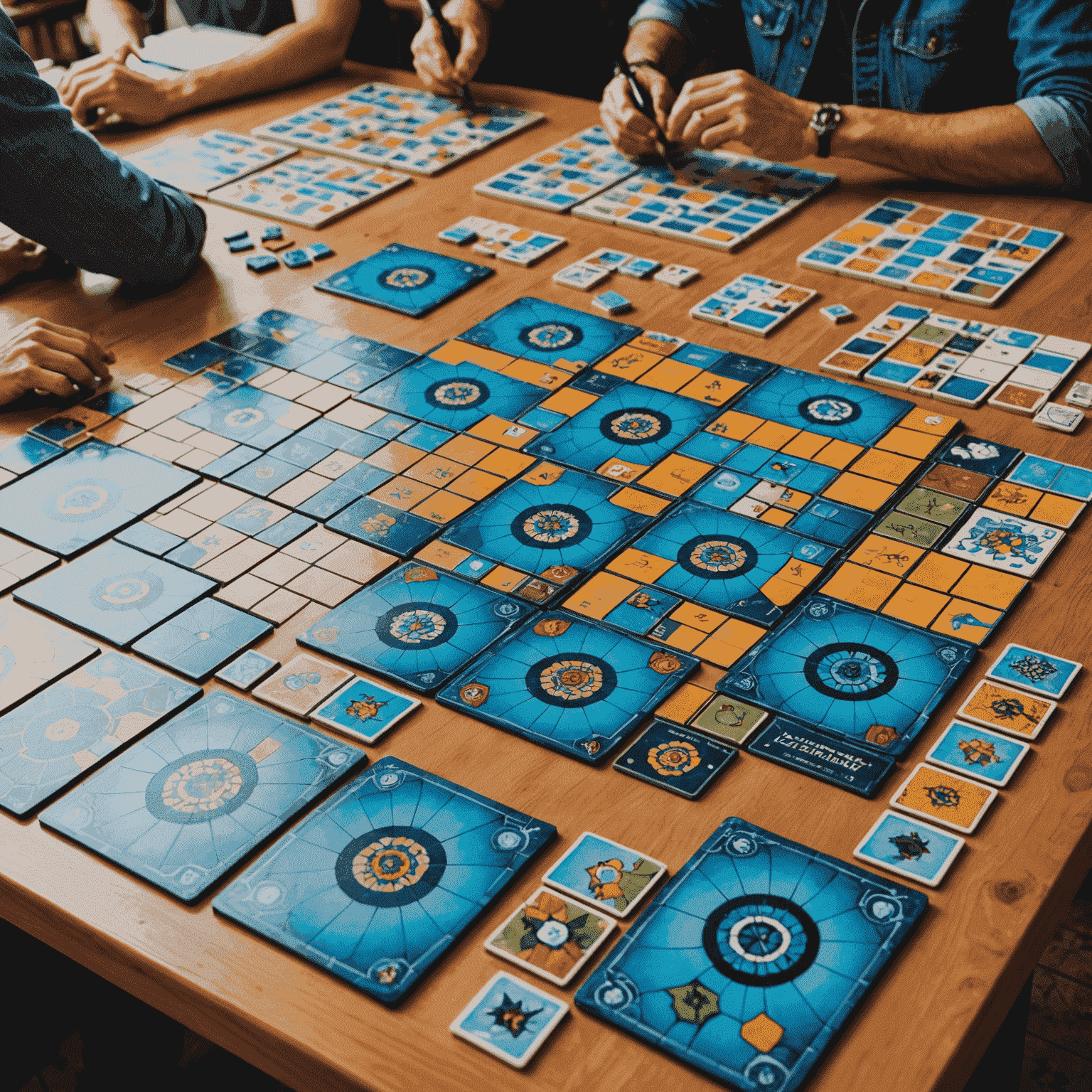 The Azul game in progress, showing player boards with colorful tile patterns and the central market area with tile options.